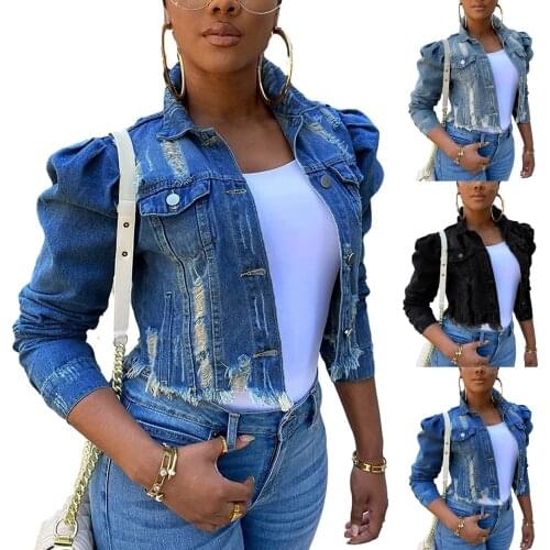 Blue Cropped Denim Jackets Women 2021 Puff Sleeve With Button Pockets Vintage Coat Autumn Winter Streetwear Ripped Jean Outwear