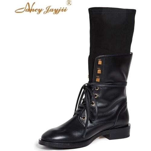 Violet Luxury Woman Mid-calf Boots Ladies Shoes Low Block Heels Lace-up 2021 Winter Autumn Fashion Dress party Black Size 45 40