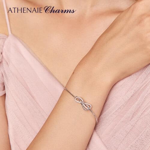 ATHENAIE Genuine 925 Sterling Silver Clear CZ Sparkling Bow Slider Bracelets For Women Girl Party Wedding Jewelry Accessories