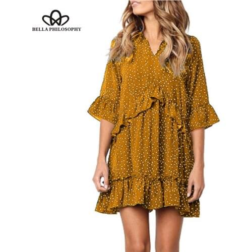 Bella Philosophy Summer V Neck Women Boho Dress Polka Dots Print Causal Loose Short Sleeve Vintage Ruffle Beach Dress