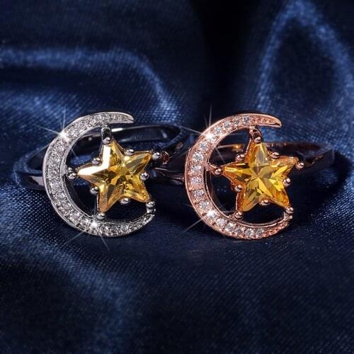 Exquisite Star Moon Ring and Yellow Zircon Rose Gold Ring for Womens Party Wedding Jewelry Accessories Birthday Gift Silver 925