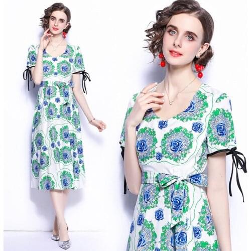 2021 New Women Dresses Office Lady A-LINE Belt Mid-Calf Elegant Dresses Puff Sleeve V-Neck Women Vintage Print Summer Dresses