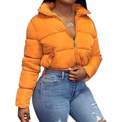 Women Long Sleeve Puffer Jacket Zip Up Solid Color Drawstring Hem Cropped Coat