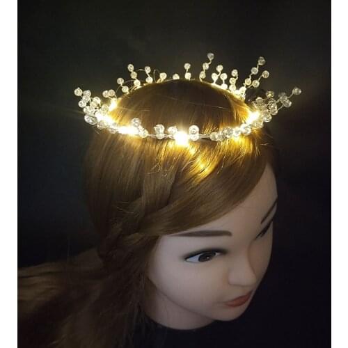 1pcs Fairy Lights Wreath Light Up Headband Luminous Bead Crown Hair Band Pearl Bridal Headdress Glow Wedding Birthday Party Gift
