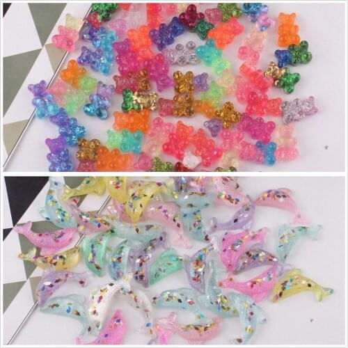 50pcs/lot kawaii flat back resin bears dolphin with glitter mix colors resin cabochons accessories