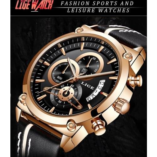 2021 New LIGE 9933 Mens Waterproof Leather Chronograph Fashion Casual Luxury Multifunctional Qartz Business Wristwatches Male