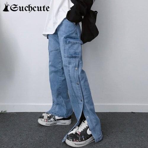 SUCHCUTE Split Button Up Women Cargo Jeans Blue Pockets Casual Girl Korean Fashion Denim Trousers Harajuku Straight Pants Autumn