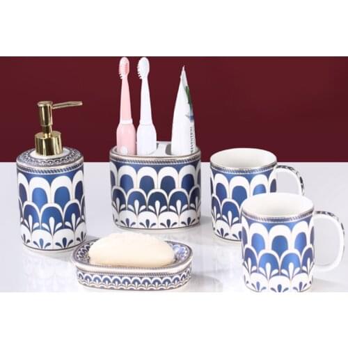 European Luxury Blue Powder Wash Set Home Hotel Bathroom Five-piece Brushing Cup Soap Dish Tray Couple Mouth Cupwedding Supplies