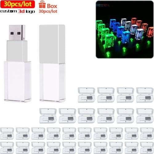 30pcs/lot Crystal LED light Flash Drive Personalize 3d logo 16GB Pen Drive 128GB 64GB 32GB Pen drive 8gb USB Stick For wedding