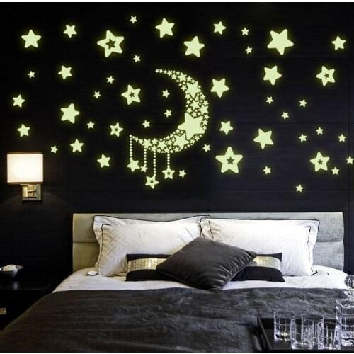 Fluorescent Moon And Stars Wall Sticker Cute Kids Bedroom Wall Paper Room Decoration For Living Room Bedroom