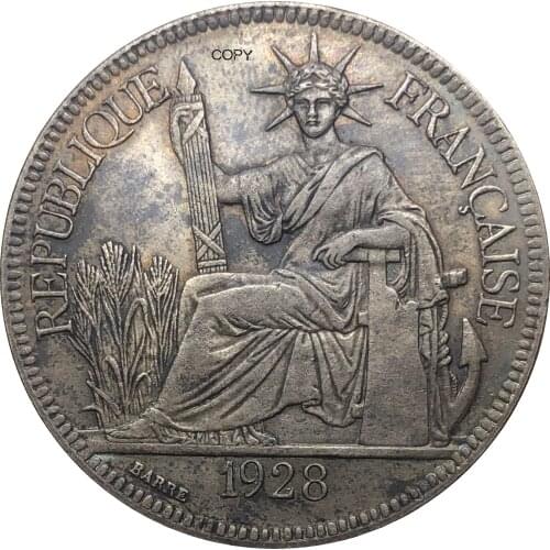French Indochina 1928 A 1 Piastre Commerce Coin REPUBLIQUE FRANCAISE Cupronickel Silver Plated Copy Coins