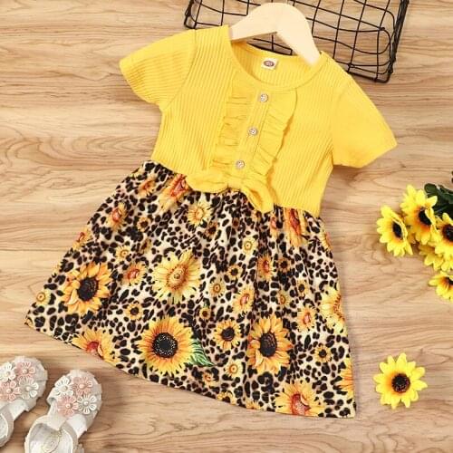 Summer Flower Girl Dresses Kids Dresses for Girls Bow Sunflower Print Patchwork Short Sleeve Baby Girl Dress Baby Clothes 1-6Y