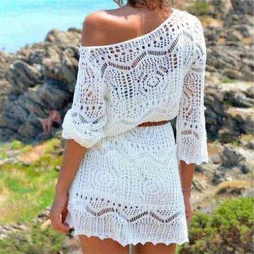 Summer Hot Sexy Lace Crochet Beach Cover Up Dress Women White See Through Swimwear Swimsuit Cover Up Mini Dress