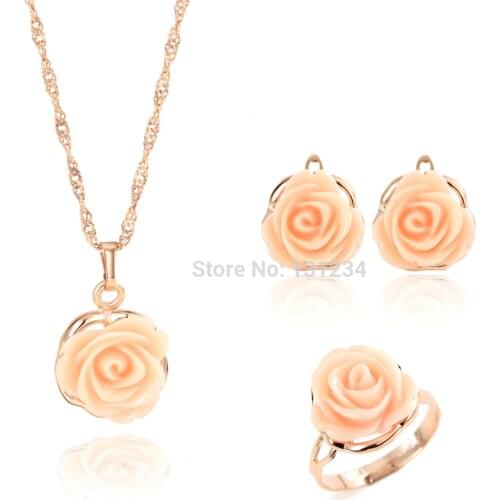 Hot selling fashion earrings rose shape pendant necklace jewlery sets with gold rings