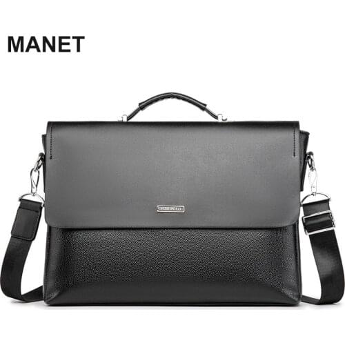 MANET PU Leather briefcase 14inch laptop bag Large Capacity business handbag Mens Office Crossbody Bag Messenger Shoulder Bags