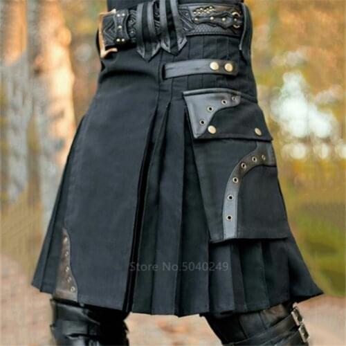 Fashion Scottish Men Adult Traditional Kilt Medieval Metal Vintage Gothic Punk Pleated Skirt Halloween Carnival Cosplay Costumes