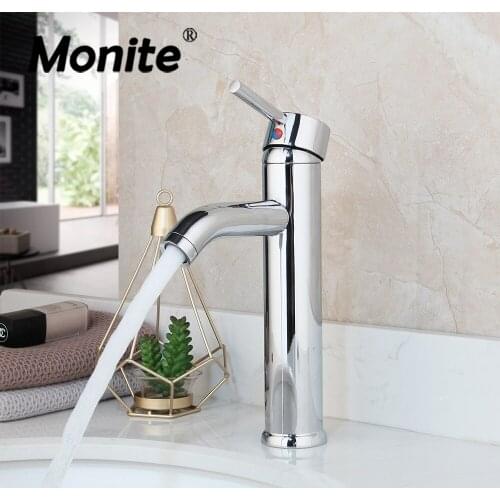 Monite Chrome Polished Wash Basin Faucet Deck Mounted Soild Brass Bathroom Sink Tap Stream Spout Mixer Faucet