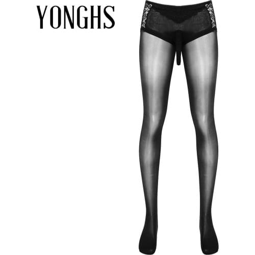 Mens Erotic Lingerie See-through Pantyhose Underwear for Sex Bulge Pouch Lace Patchwork Tights Hosiery Stocking Sexy Sleepwear