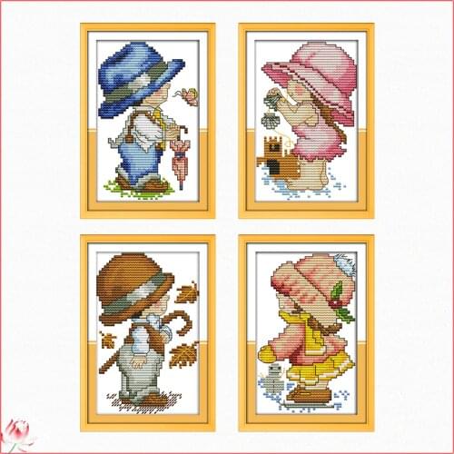 Seasons Baby Counting Cross Stitch Kits 14ct 11ct Canvas Printing Character Embroidery Set DIY Needlework Home Deco Painting
