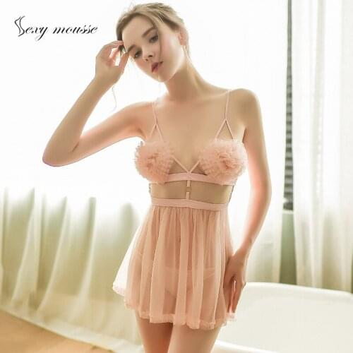 Sexy mousse nightwear for woman underwear nightie back straps cutout temptation lace skirt posing nightwear set sloth sleepwear