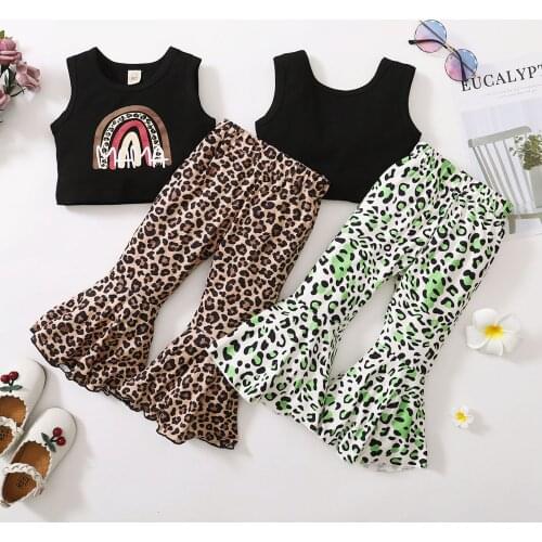 Girls Casual Two-piece Clothes Set, 2021 New Fashion Black Round Collar Vest and Elastic Waist Flared Pants, Brown/ Blue