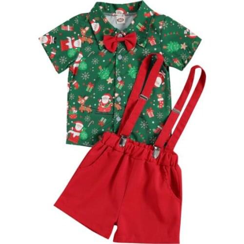 Christmas Infant Baby Boys Clothes Sets Gentleman Short Sleeve Shirts Tops Overalls Shorts+Bow Tie Christmas Boys Clothes