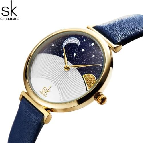 Shengke Elegant Fashion Quartz Watch Woman Starry Sky Moon Star Leather Waterproof Dress Wristwatch Relogio Feminino K0124