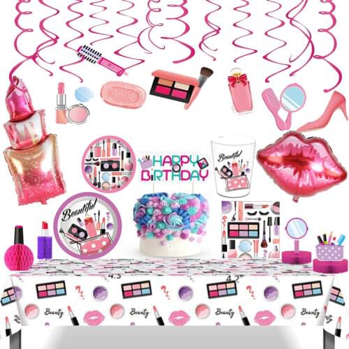 Spa Makeup Birthday Party Supplies Makeup Disposable Tableware Plates Cups Napkins Balloons More for Girls Party Decoration set