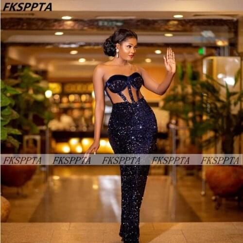 Navy Blue Sparkly Long Prom Dresses Illusion Corset Sequin Black Women Formal Party Plus Size Prom Gowns 2021 Robe De Soiree