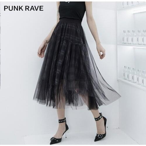 PUNK RAVE Girls Street Mesh Plaid Skirt A-line Design Long Skirt Casual High-waist All-match Women Long Skirt Spring Summer