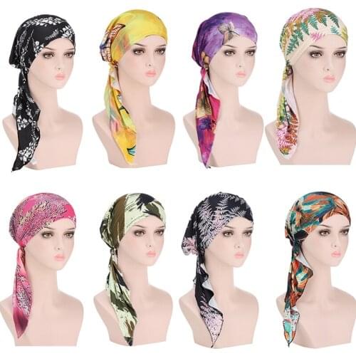 New Women Floral Print Bandana Scarf Pre Tied Muslim Chemo Hat Beanie Turban Headwear for Cancer Patients Ladies Turbante