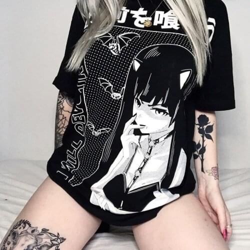 Harajuku Punk Gothic T-Shirt Women Cartoon Aesthetic Print Short Sleeve Loose Top Tees Fashion Grunge Dark Tshirts Tumblr Female