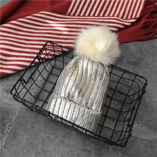 Metallic Hat Women in autumn and winter are thickened with cashmere to keep warm laser wool cap hair ball curled knitting hat