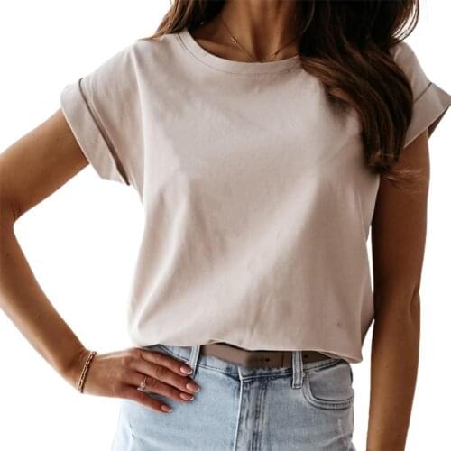 Summer Tops Solid Color Loose Pullover Women Short Sleeve T-Shirts femme Solid Color Round Neck Short Sleeve T-Shirts Women