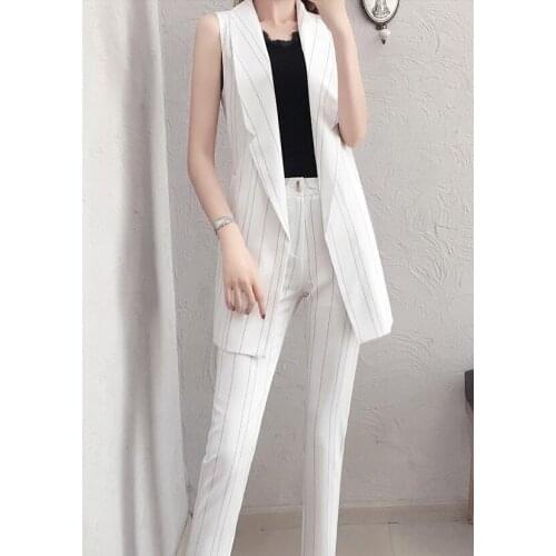 Office Style 2 Piece Set 2020 Summer Womens Casual Striped Suit Vest + Pants Set Female Sleeveless White Long Pants Summer