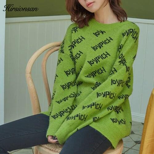 Hirsionsan Winter Sweater Women Print Letter Thick Pullover Knitted Wild European Style Elegant Ladie Top Oversized Loose Jumper