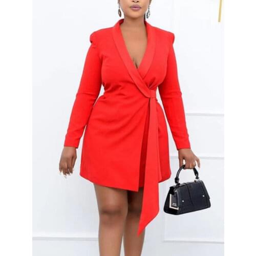 Women Blazer Dress Long Sleeves Mini V Neck Slim Sexy Office Ladies Work Classy Modest Female Red Black African Femme Robes New