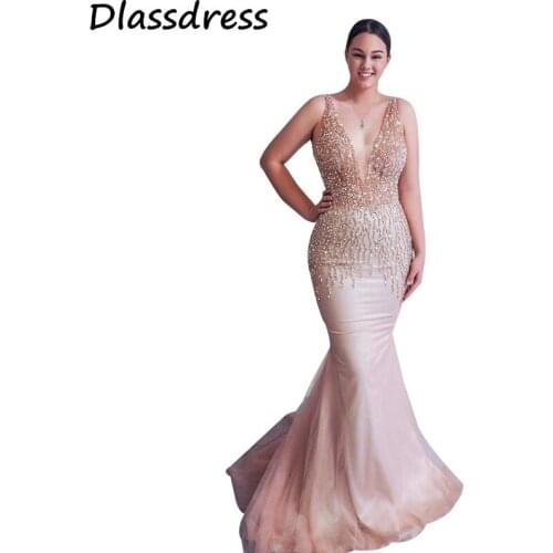 Blush Evening Dress 2020 Bead Sequin Tank Sleeveless Mermaid Sexy Illusion V-neck Backless Sweep Train Prom Dress فساتين السهرة