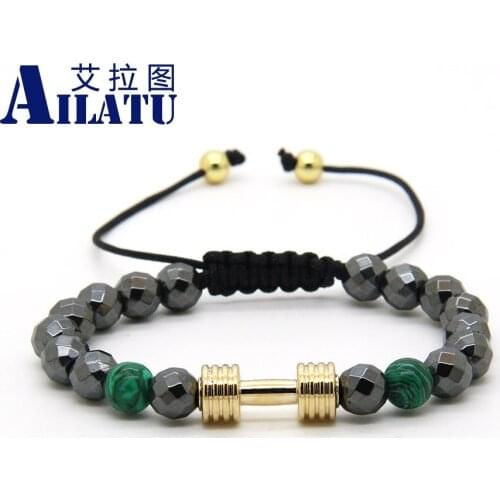 Ailatu Wholesale 8mm Faceted Hematite Stone with Metal New Barbell Fitness Dumbbell Macrame Bracelets