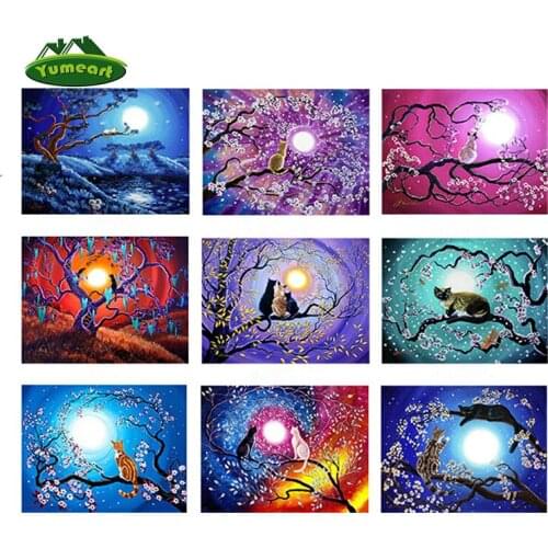 YUMEART Cat Diamond Painting Cross Stitch Full Round Animals Diamond Embroidery Kits Patterns Rhinestones Mosaic Home Decor