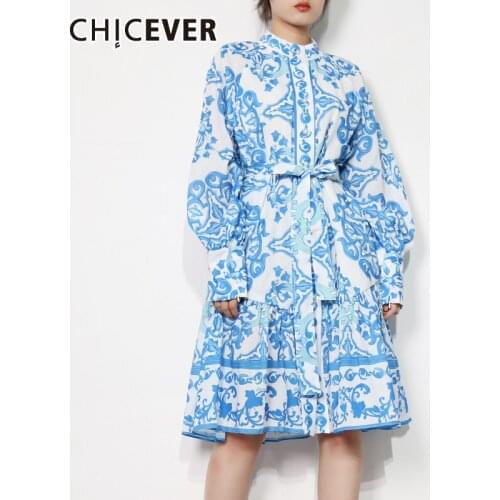 CHICEVER Lace Up Print Womens Dress Stand Collar Long Sleeve High Waist Hit Color Dresses Female Fashion Clothing 2021 Style