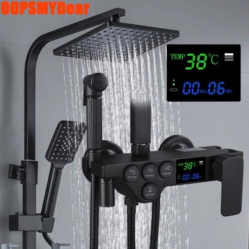 Digital Shower System Bathroom Smart Thermostatic Shower Set Wall Mount SPA Rain Fall Bath Faucet Hot Cold Square Head Black Tap