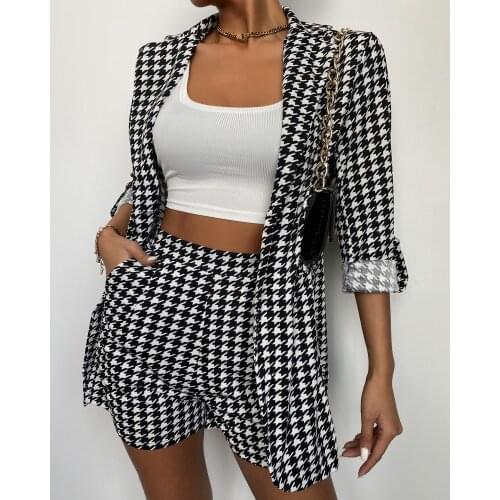 Spring Autumn Women Classical Houndstoot Blazer & Shorts Set 2021 New Femme 2 Piece Plaid Coat & Short Pants Suit Lady Outfits