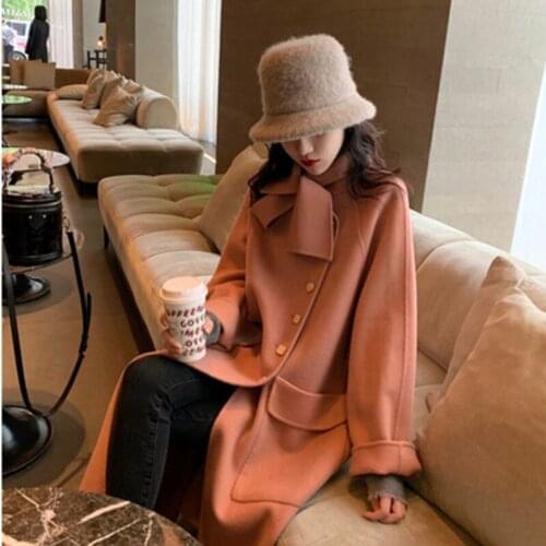 High Quality Grade Double-sided Woolen Jacket In Long Fashion Loose Hepburn Coats Winter Oblique Buckle Korean Vintage Coat Girl