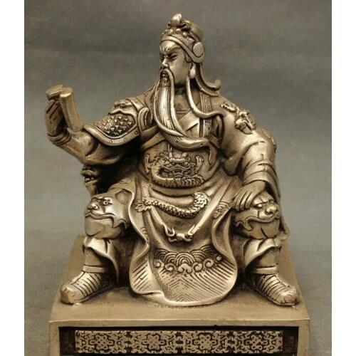 Folk Chinese Silver Brass Warrior Dragon Head Seat GuanGong GuanYu God Statue off 50