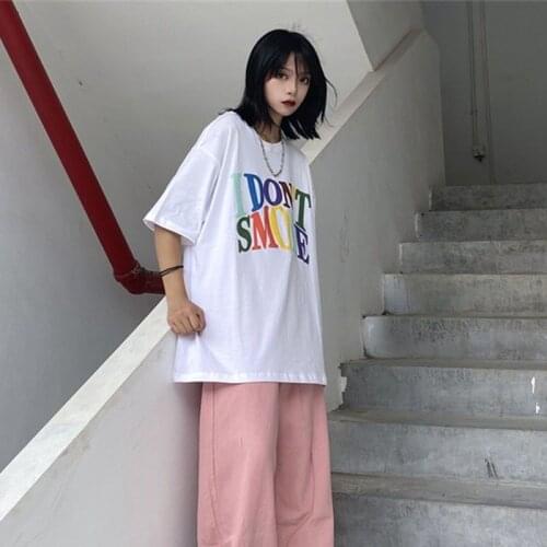 Short-sleeved t-shirt men women 2021 summer new Korean Harajuku BF Colored letters printing I DONT SMOKE student High Street top