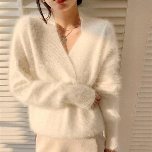 JSXDHK High Senior Luxury Mink Cashmere Women V Neck Pullovers Elegant Winter Mohair Knitted Thick Soft White Loose Sweaters