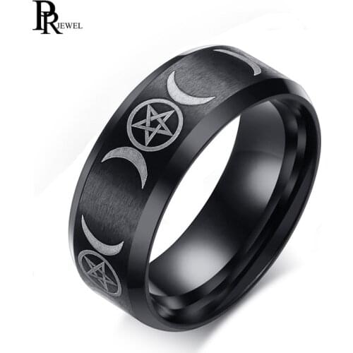 Black Matte Finished Mens Womens 8MM Stainless Steel Triple Moon Goddess Rings for Engagement Wedding Band