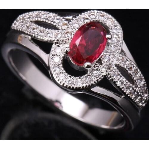 Solitaire Rosarot Puchsia Red Gems Garnet Silver Plated Argent Party Jewelry Ring US# Size 6 / 7 / 8 / 9 S1609