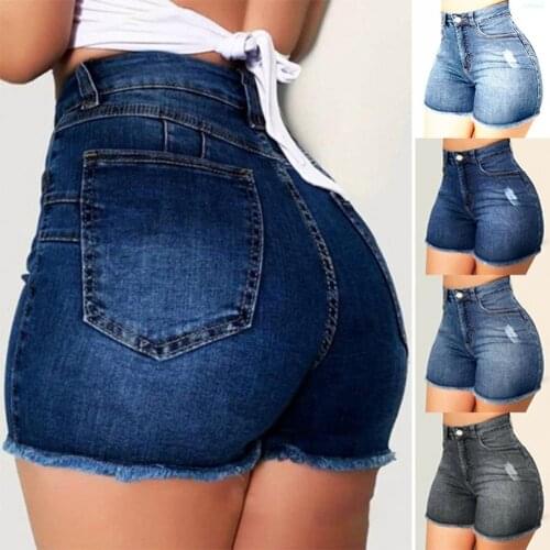Summer Women Shorts High Waist Ripped Hole Pockets Slim Denim Shorts Hot Pants for Work